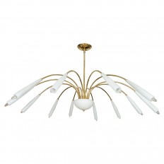 Brass and white enamel twelve arm chandelier